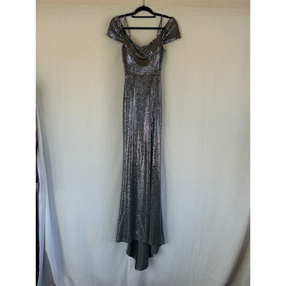 Juniors Prom/Dance Dress by Next/Up Size 5/6 Blue/Silver Sequined High/Low, Slit